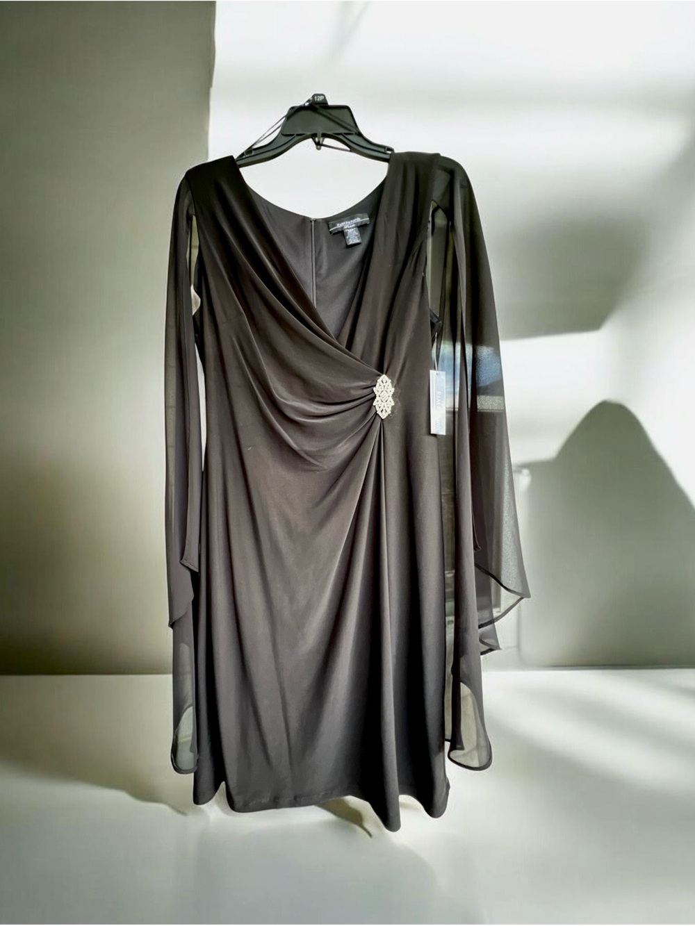 NWT 12P Black Formal Dress Sheer Overlay Sleeves & Rhinestone Brooch